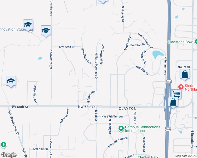 map of restaurants, bars, coffee shops, grocery stores, and more near 6915 North Platte Purchase Drive in Kansas City