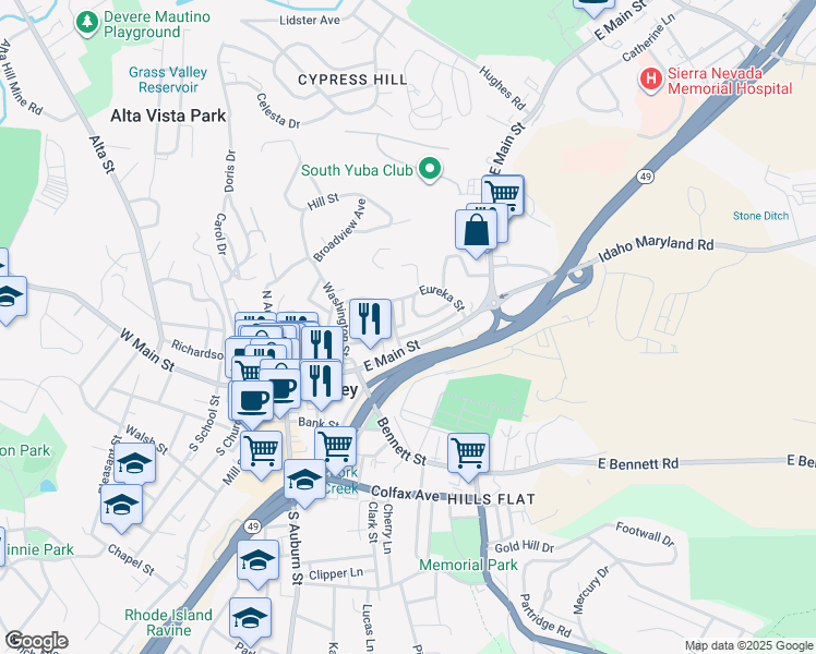 map of restaurants, bars, coffee shops, grocery stores, and more near 115 Murphy Street in Grass Valley