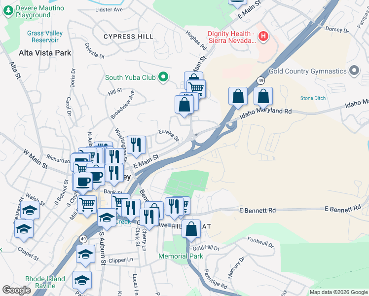 map of restaurants, bars, coffee shops, grocery stores, and more near 403 East Main Street in Grass Valley