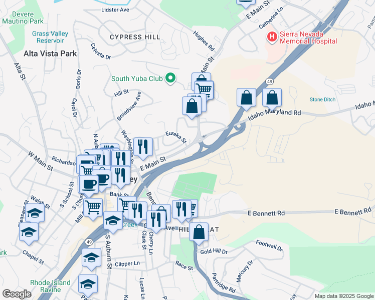 map of restaurants, bars, coffee shops, grocery stores, and more near 401 East Main Street in Grass Valley
