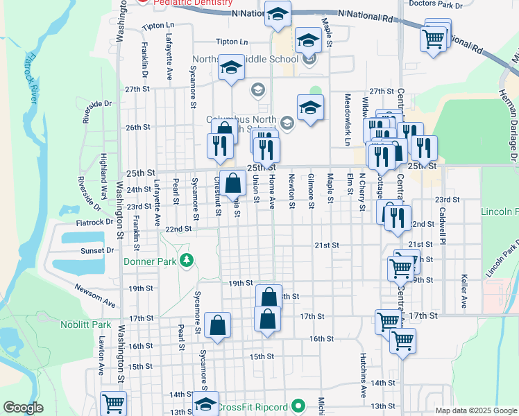 map of restaurants, bars, coffee shops, grocery stores, and more near 2208 Home Avenue in Columbus