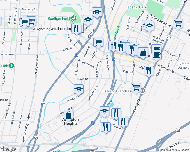 map of restaurants, bars, coffee shops, grocery stores, and more near 315 Davis Street in Cincinnati