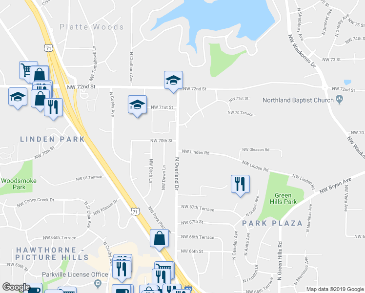 map of restaurants, bars, coffee shops, grocery stores, and more near 5107 Northwest Linden Road in Kansas City
