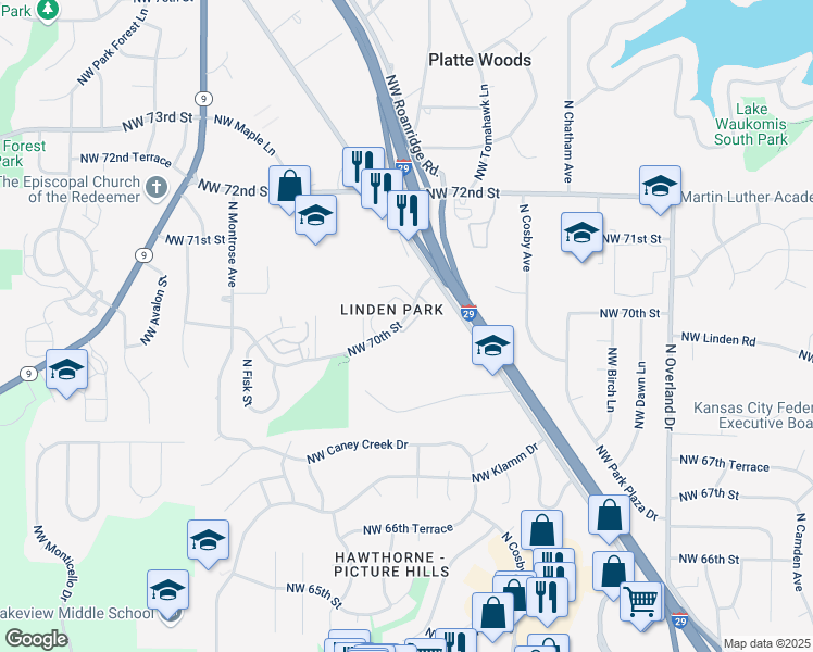 map of restaurants, bars, coffee shops, grocery stores, and more near 6201 Northwest 70th Street in Kansas City