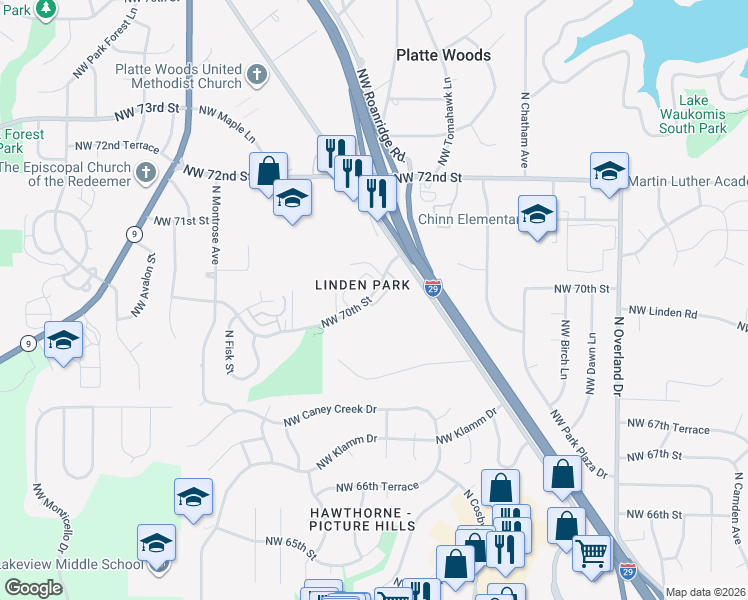 map of restaurants, bars, coffee shops, grocery stores, and more near 6201 Northwest 70th Street in Kansas City