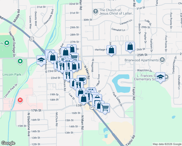 map of restaurants, bars, coffee shops, grocery stores, and more near 2110 Westline Drive in Columbus