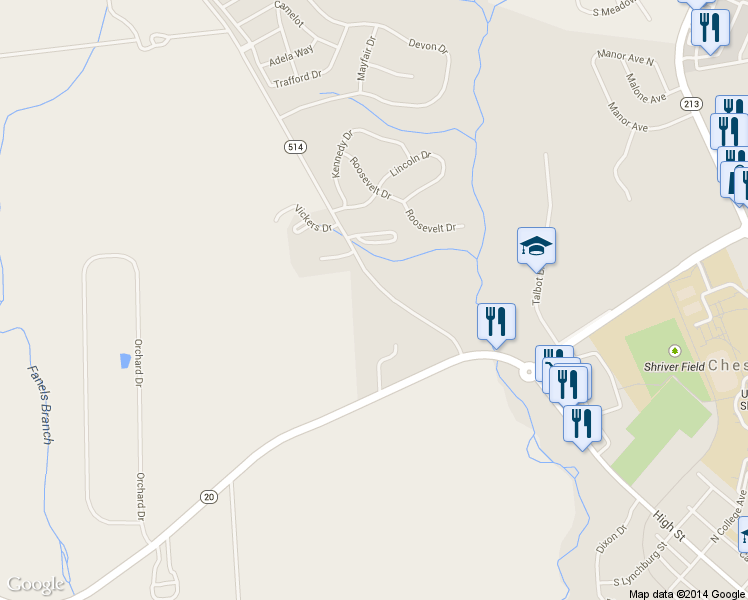 map of restaurants, bars, coffee shops, grocery stores, and more near 150 Flatland Road in Chestertown