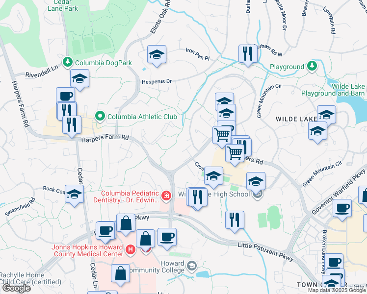 map of restaurants, bars, coffee shops, grocery stores, and more near 10572 Twin Rivers Road in Columbia