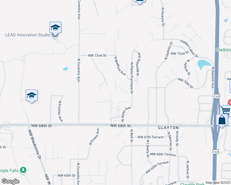 map of restaurants, bars, coffee shops, grocery stores, and more near 6953 North Bedford Avenue in Kansas City