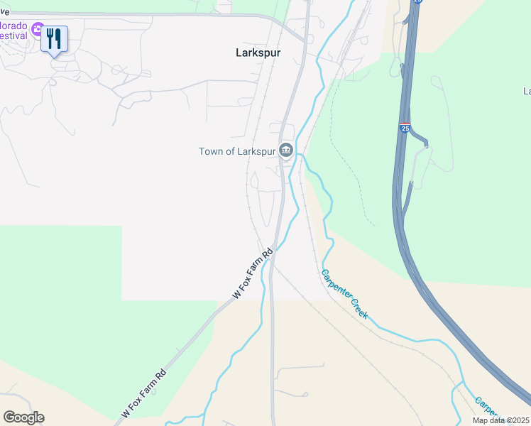 map of restaurants, bars, coffee shops, grocery stores, and more near 9669 South Spruce Mountain Road in Larkspur