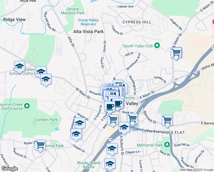 map of restaurants, bars, coffee shops, grocery stores, and more near 235 North Church Street in Grass Valley