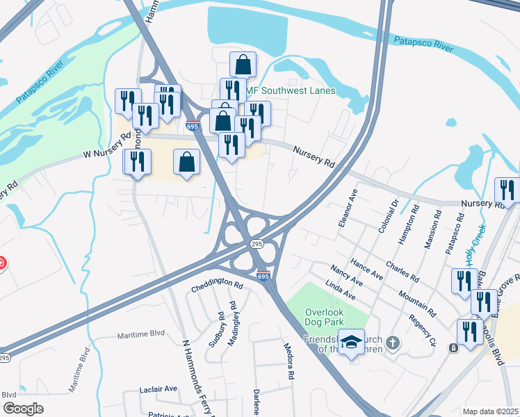 map of restaurants, bars, coffee shops, grocery stores, and more near 702 Wedeman Avenue in Linthicum Heights