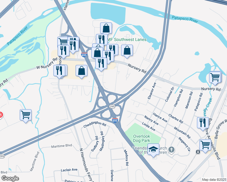 map of restaurants, bars, coffee shops, grocery stores, and more near 702 Wedeman Avenue in Linthicum Heights