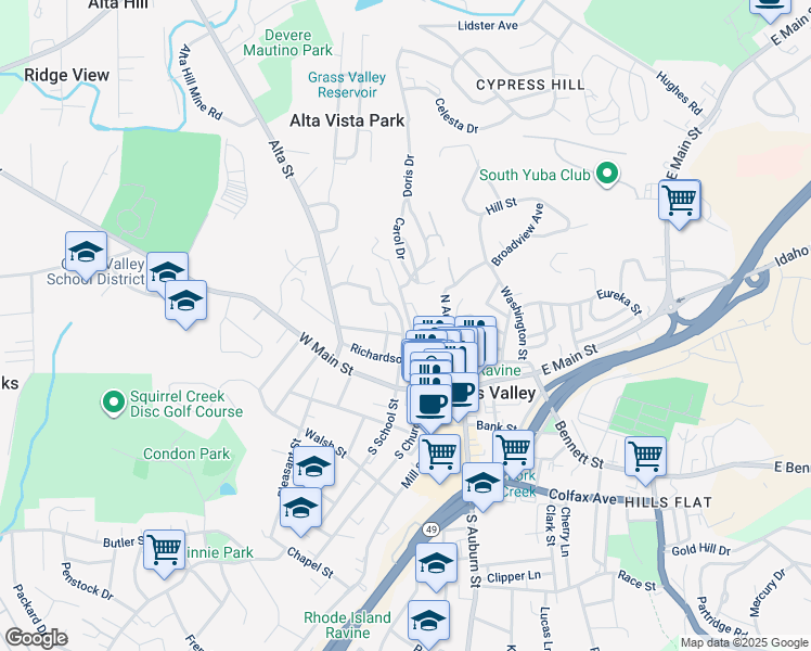 map of restaurants, bars, coffee shops, grocery stores, and more near 408 Richardson Street in Grass Valley
