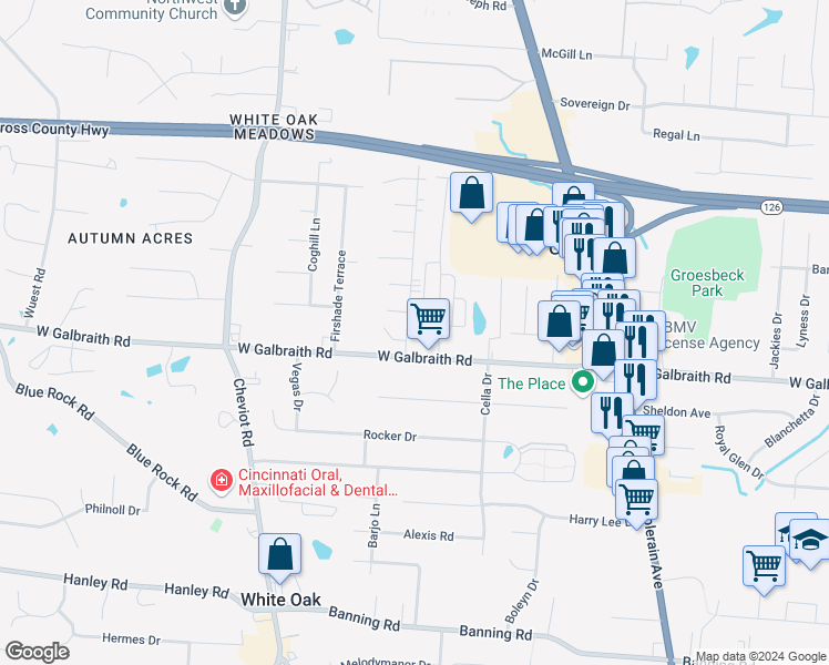 map of restaurants, bars, coffee shops, grocery stores, and more near 3398 Galbraith Road in Groesbeck