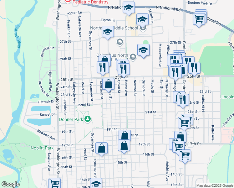 map of restaurants, bars, coffee shops, grocery stores, and more near 2211 California Street in Columbus