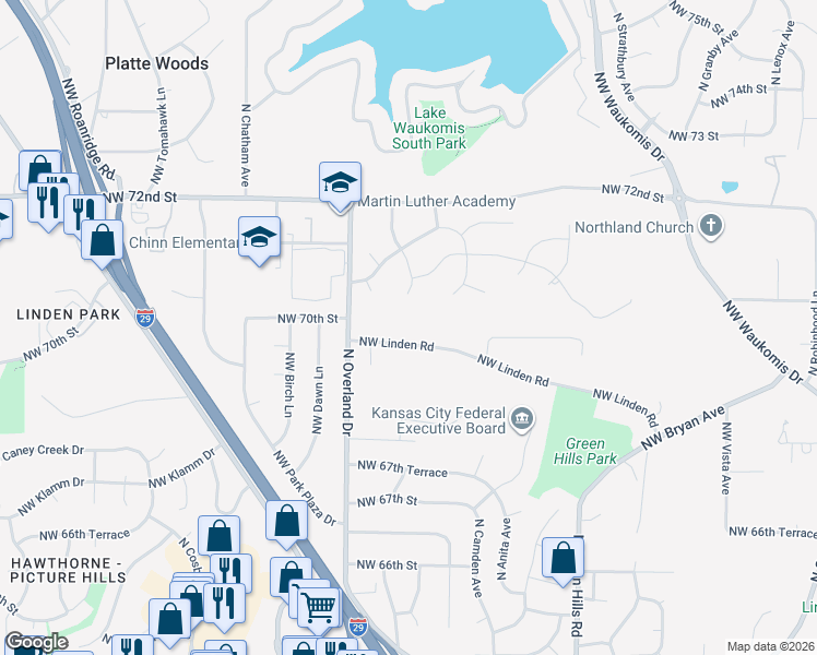 map of restaurants, bars, coffee shops, grocery stores, and more near 7013 North Overland Drive in Kansas City