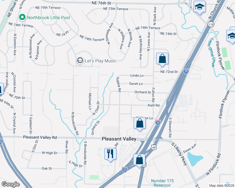 map of restaurants, bars, coffee shops, grocery stores, and more near 7005 Sobbie Road in Pleasant Valley