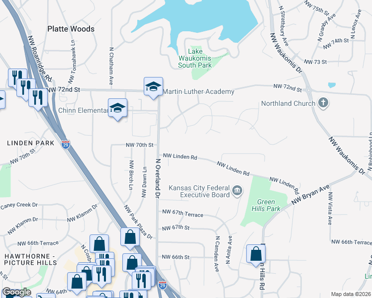 map of restaurants, bars, coffee shops, grocery stores, and more near 7013 North Overland Drive in Kansas City