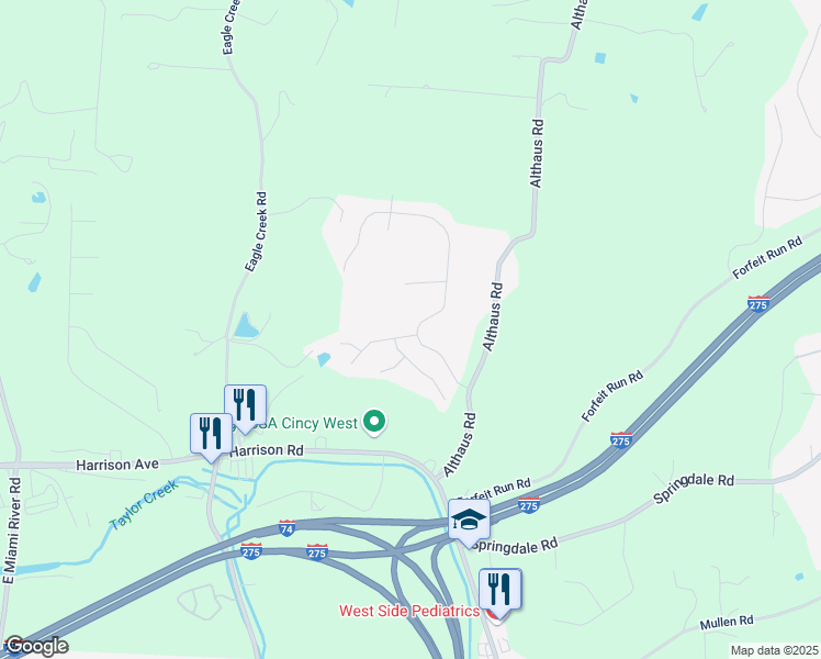 map of restaurants, bars, coffee shops, grocery stores, and more near 7660 Sun Ridge Lane in Cincinnati