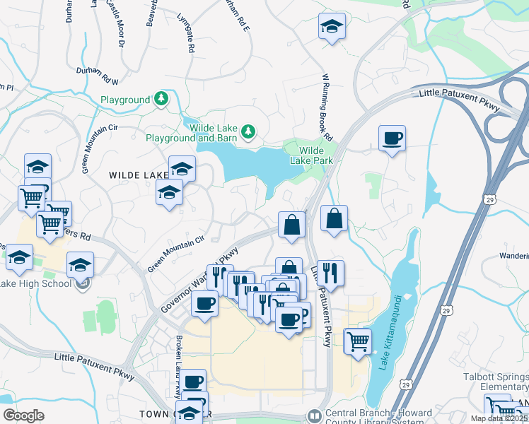 map of restaurants, bars, coffee shops, grocery stores, and more near 10053 Windstream Drive in Columbia
