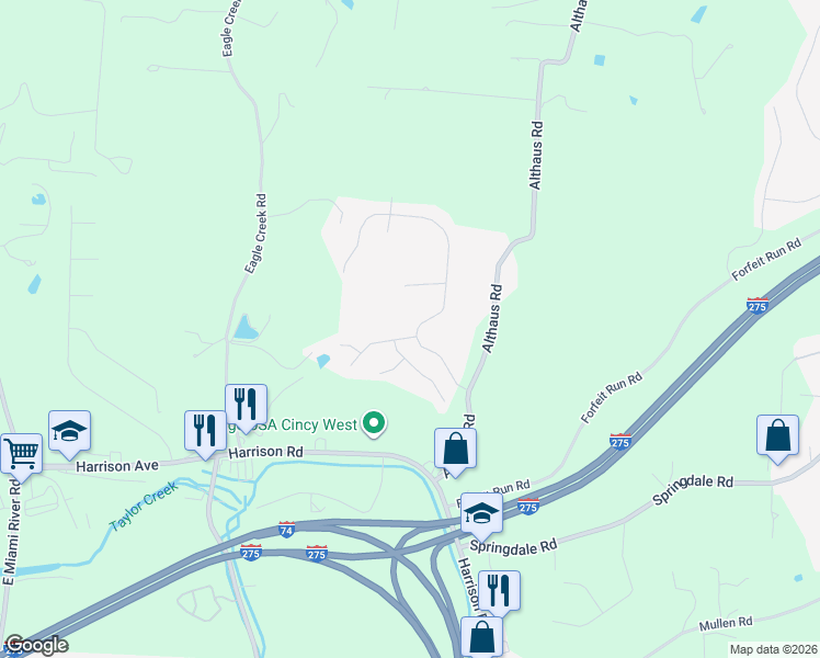 map of restaurants, bars, coffee shops, grocery stores, and more near 7660 Sun Ridge Lane in Cincinnati