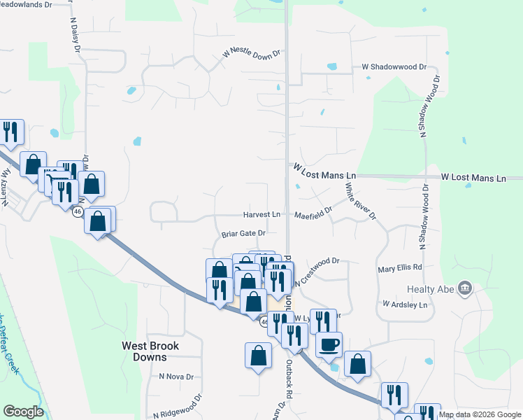 map of restaurants, bars, coffee shops, grocery stores, and more near 4132 Briar Gate Drive in Bloomington