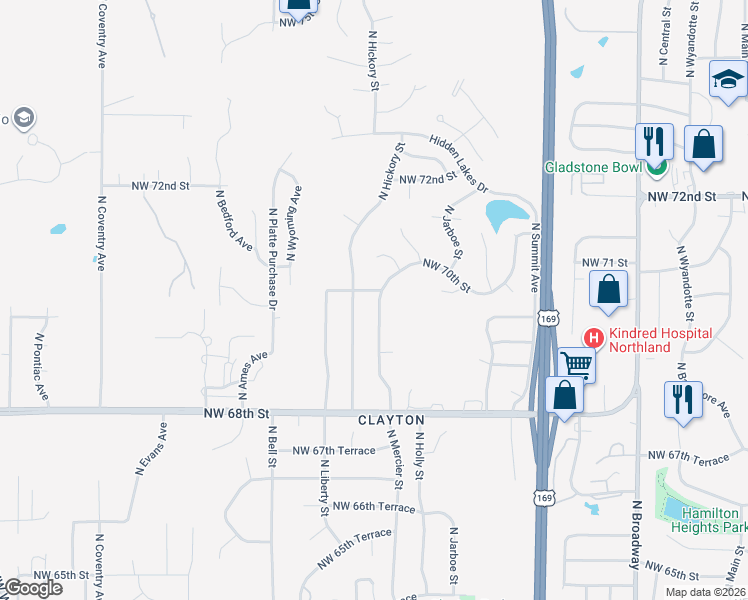 map of restaurants, bars, coffee shops, grocery stores, and more near 6917 North Mercier Street in Kansas City