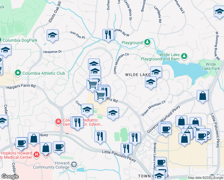 map of restaurants, bars, coffee shops, grocery stores, and more near 10534 Faulkner Ridge Circle in Columbia