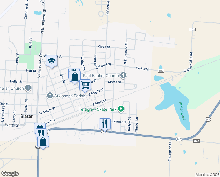 map of restaurants, bars, coffee shops, grocery stores, and more near 101-199 North Jefferson Street in Slater