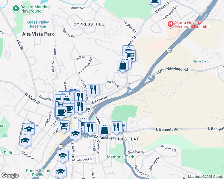 map of restaurants, bars, coffee shops, grocery stores, and more near 331 2nd Street in Grass Valley