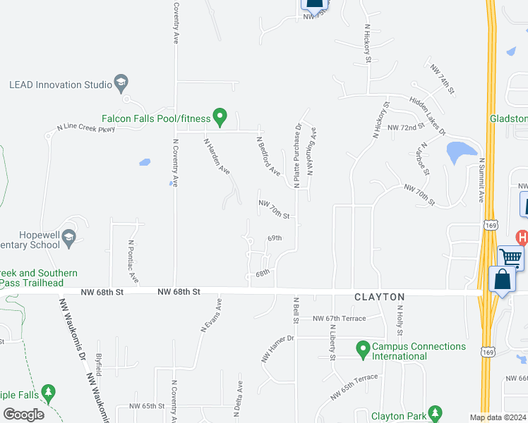 map of restaurants, bars, coffee shops, grocery stores, and more near 6963 North Bedford Avenue in Kansas City