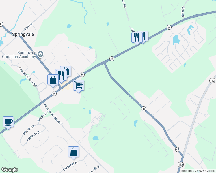 map of restaurants, bars, coffee shops, grocery stores, and more near 6641 Ohio 48 in Goshen
