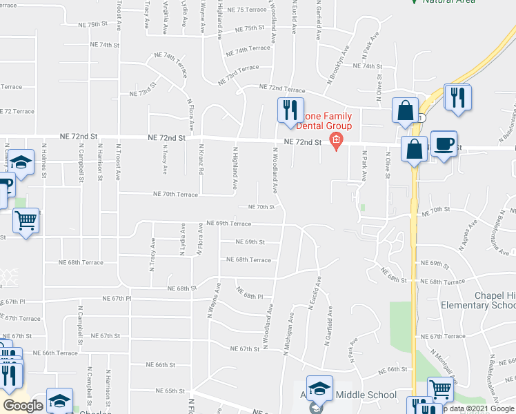 map of restaurants, bars, coffee shops, grocery stores, and more near Northeast 70th Street in Gladstone