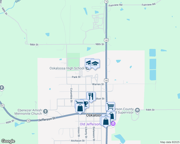 map of restaurants, bars, coffee shops, grocery stores, and more near 404 Park Street in Oskaloosa