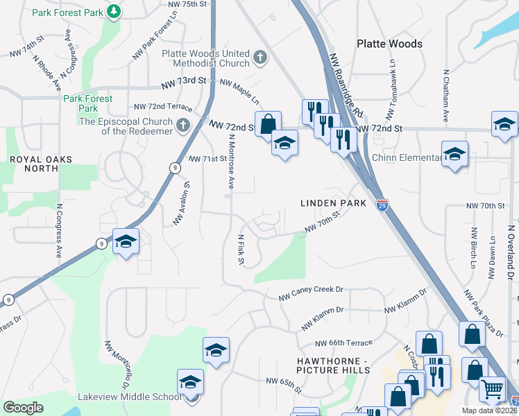 map of restaurants, bars, coffee shops, grocery stores, and more near 7005 North Fisk Avenue in Kansas City