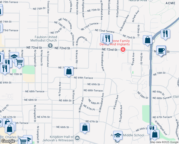 map of restaurants, bars, coffee shops, grocery stores, and more near 601 Northeast 70th Street in Gladstone