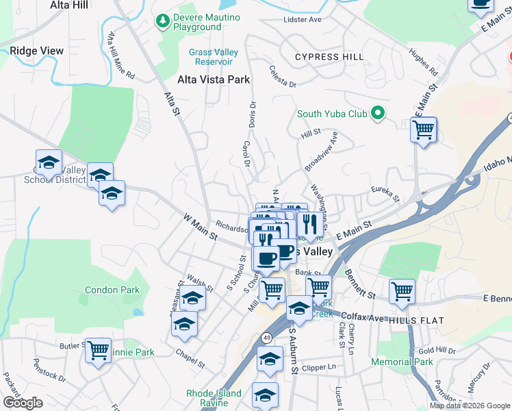 map of restaurants, bars, coffee shops, grocery stores, and more near 307 North Church Street in Grass Valley
