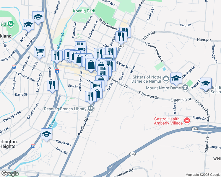 map of restaurants, bars, coffee shops, grocery stores, and more near 8846 Reading Road in Cincinnati