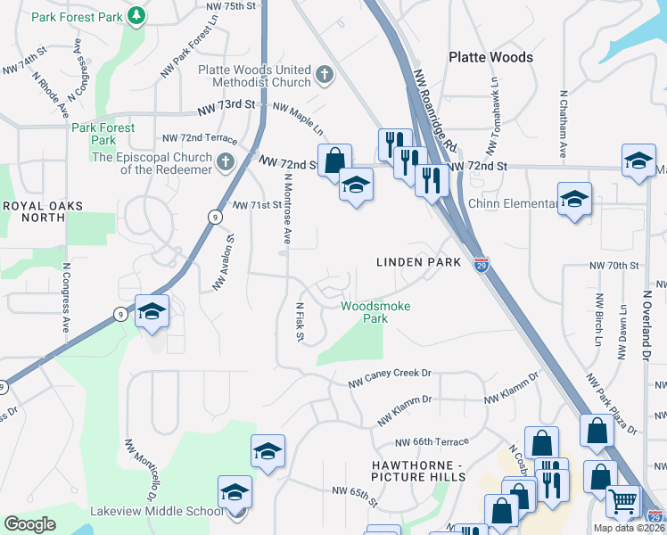 map of restaurants, bars, coffee shops, grocery stores, and more near 7005 North Fisk Avenue in Kansas City