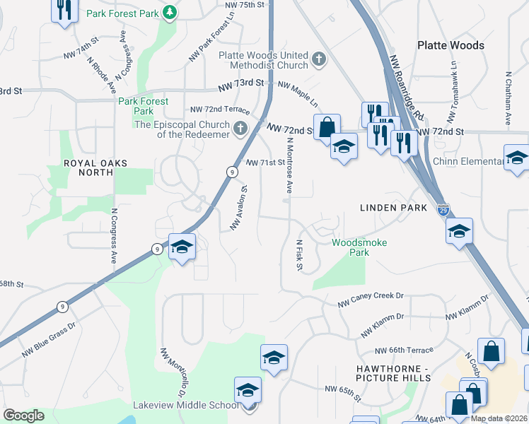 map of restaurants, bars, coffee shops, grocery stores, and more near 7017 Northwest Coronado Street in Kansas City