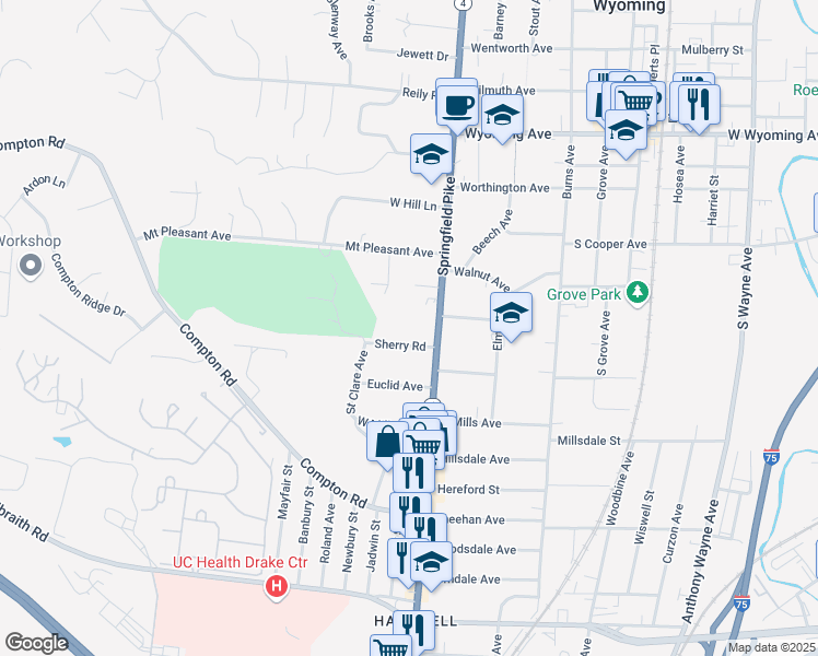 map of restaurants, bars, coffee shops, grocery stores, and more near 129 Springfield Pike in Cincinnati