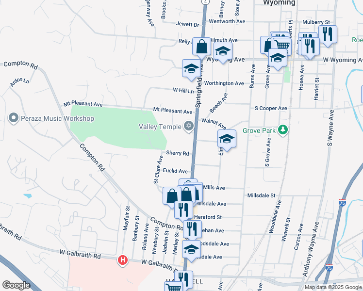 map of restaurants, bars, coffee shops, grocery stores, and more near 129 Springfield Pike in Cincinnati