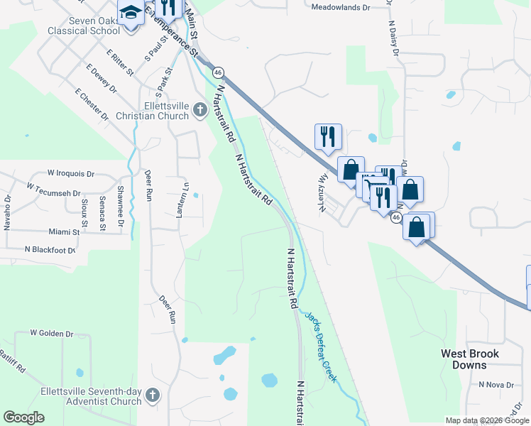 map of restaurants, bars, coffee shops, grocery stores, and more near 4313 North Hartstrait Road in Bloomington