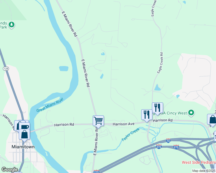 map of restaurants, bars, coffee shops, grocery stores, and more near 7318 Hunters Ridge Lane in Cincinnati