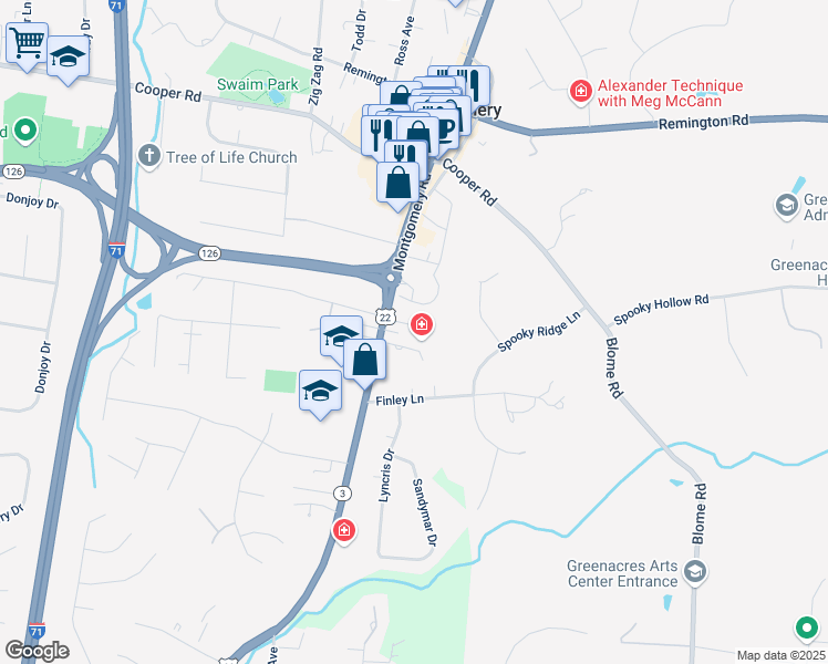 map of restaurants, bars, coffee shops, grocery stores, and more near 9200 Montgomery Road in Montgomery