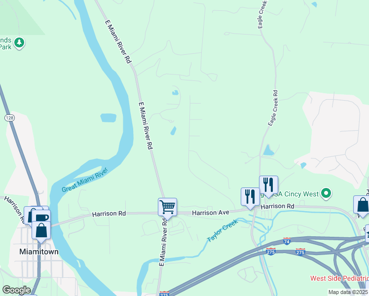 map of restaurants, bars, coffee shops, grocery stores, and more near 7318 Hunters Ridge Lane in Cincinnati