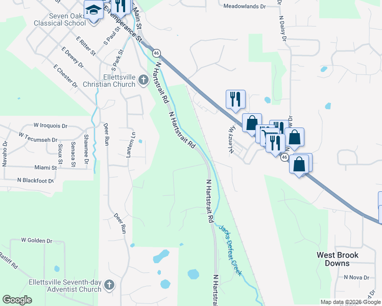 map of restaurants, bars, coffee shops, grocery stores, and more near 4313 North Hartstrait Road in Bloomington
