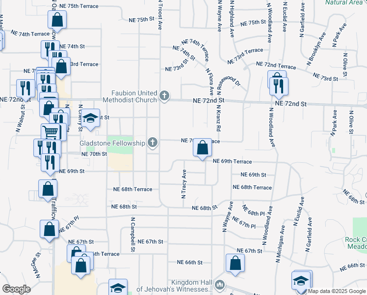 map of restaurants, bars, coffee shops, grocery stores, and more near 1204A Northeast 70th Terrace in Gladstone