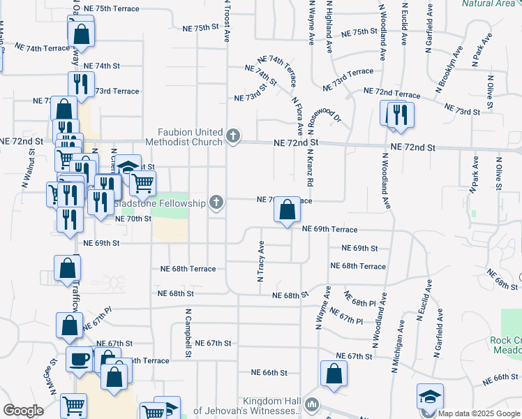 map of restaurants, bars, coffee shops, grocery stores, and more near 1204A Northeast 70th Terrace in Gladstone